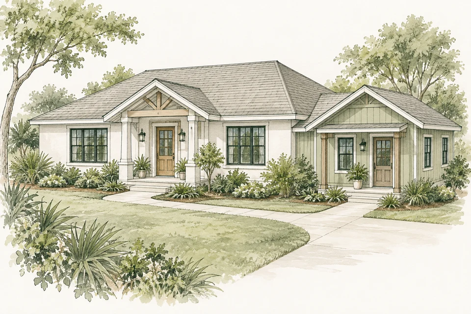 Sketch of a smaller ADU addition connected to the main house, with its own front door