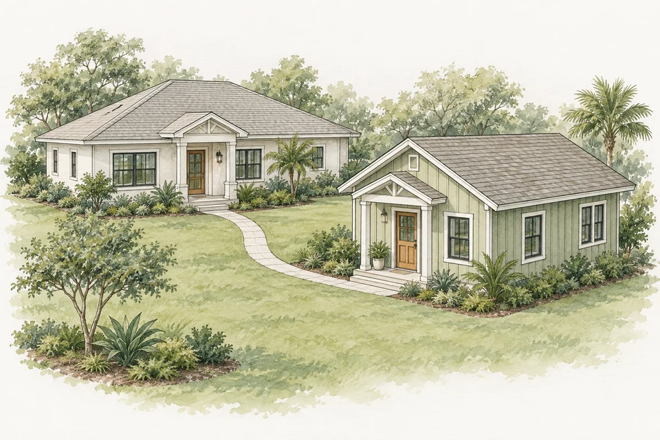 Sketch of a separate backyard cottage connected to the main house by a garden path