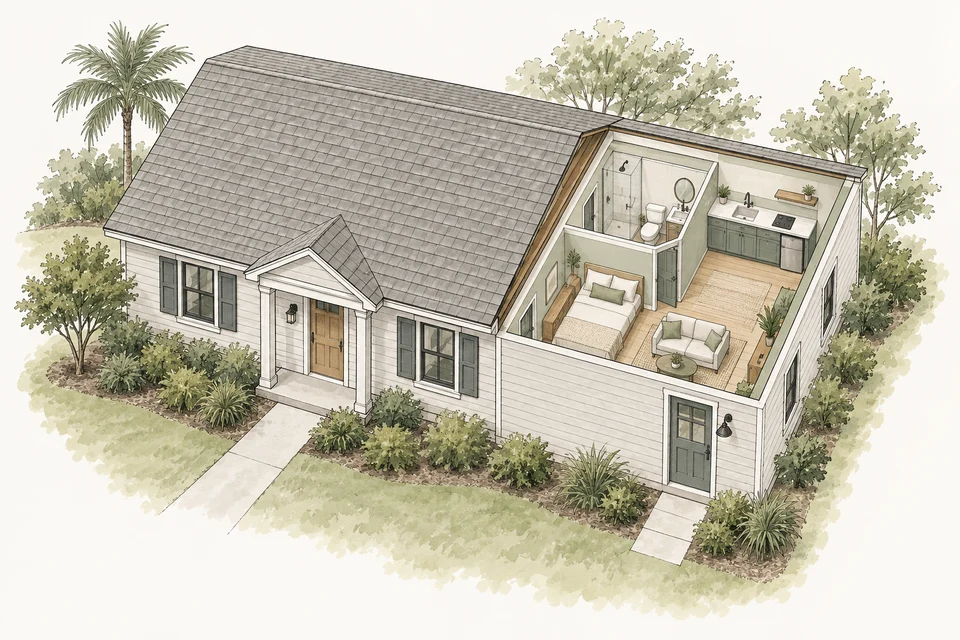 Cutaway sketch showing an ADU within an existing house, with a kitchen, bathroom, sleeping area, and separate entrance