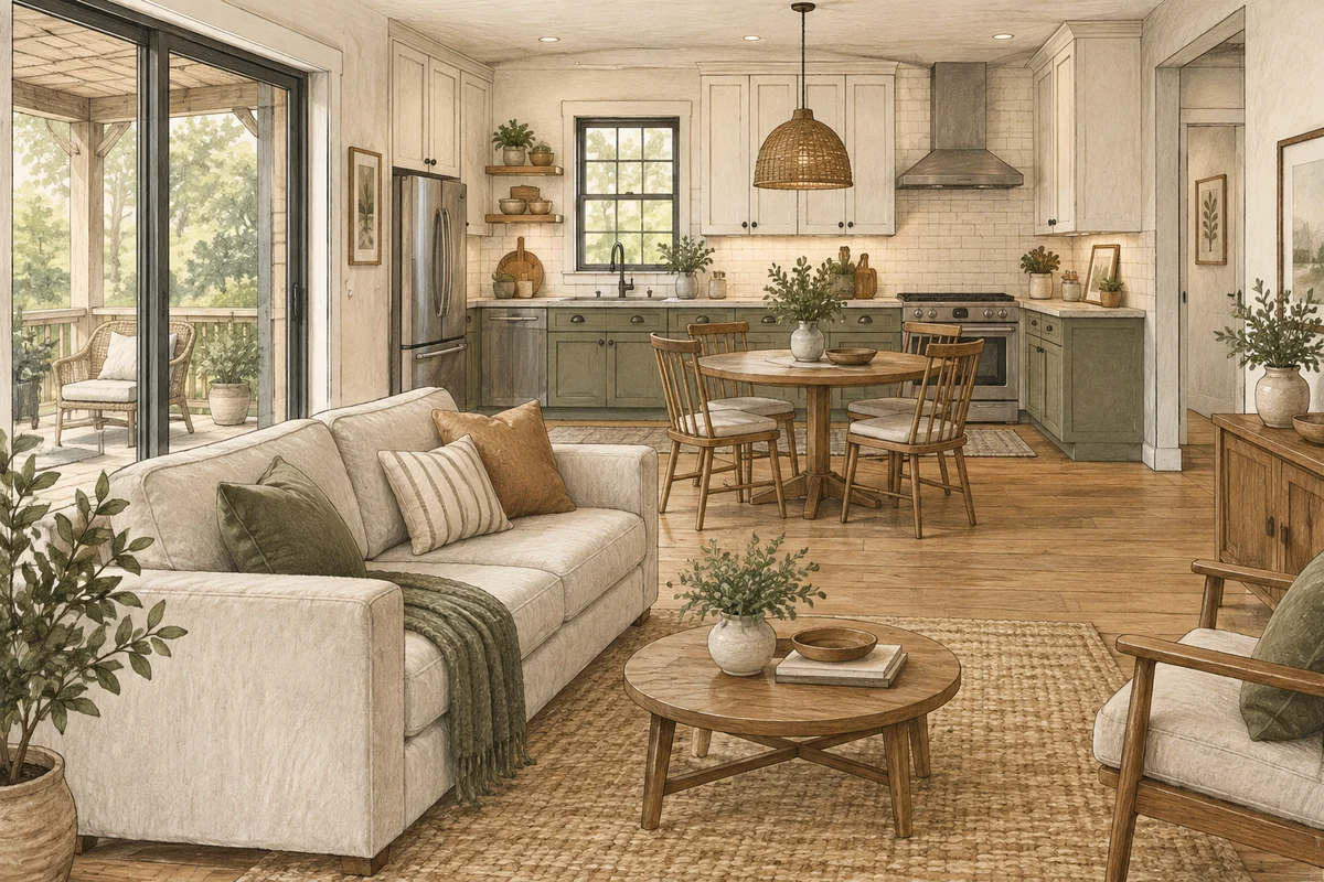 Small-home concept illustration with an open kitchen, four-seat dining table, comfortable living room, and doors to a porch