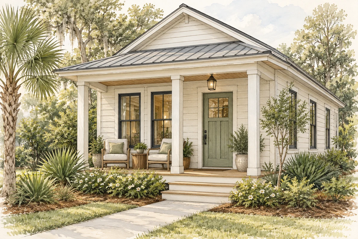 Architectural concept illustration of a compact cottage with a shaded front porch, two chairs, and an inviting entrance