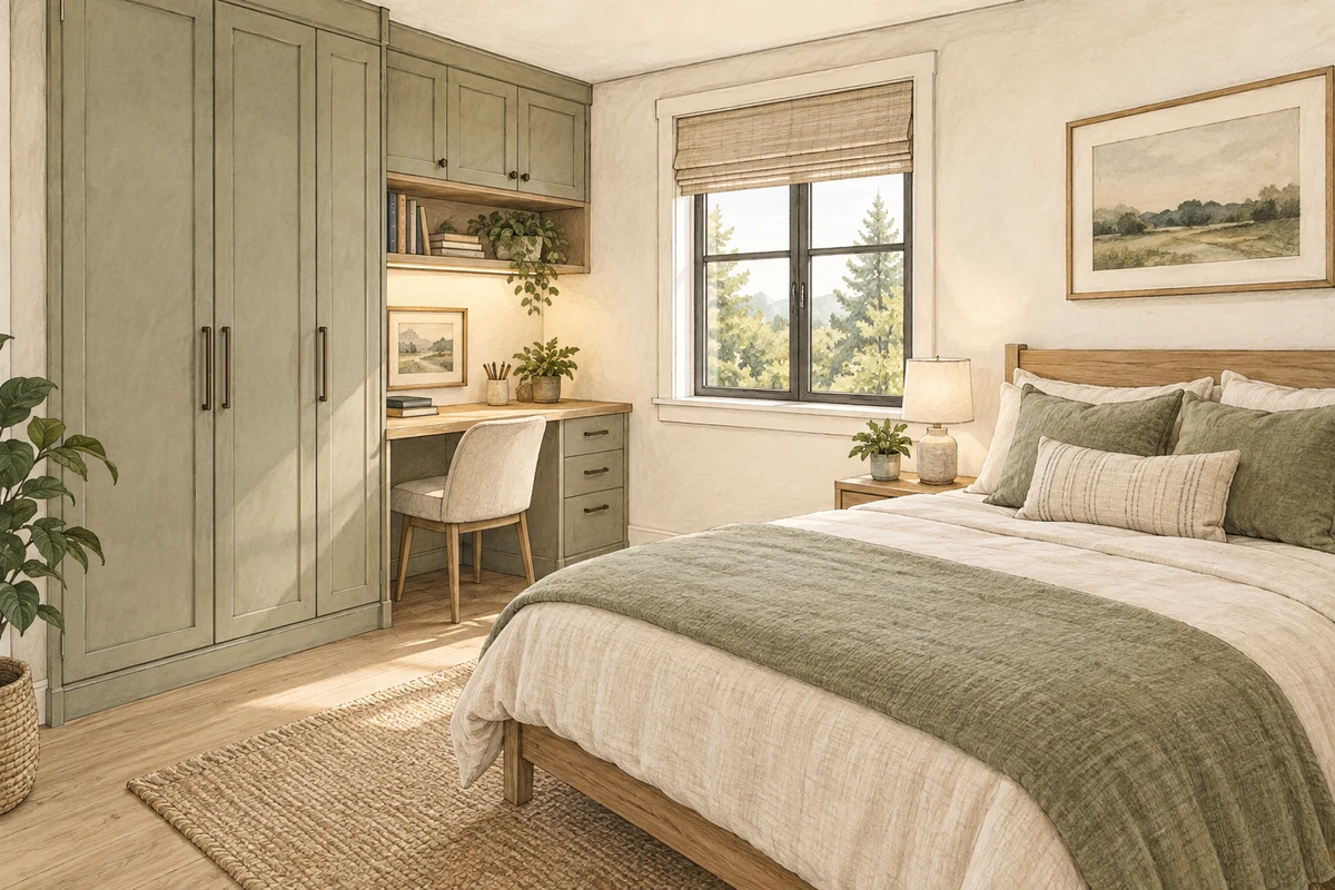 Small bedroom concept illustration showing a full-size bed, built-in wardrobes, and a compact desk beside a window