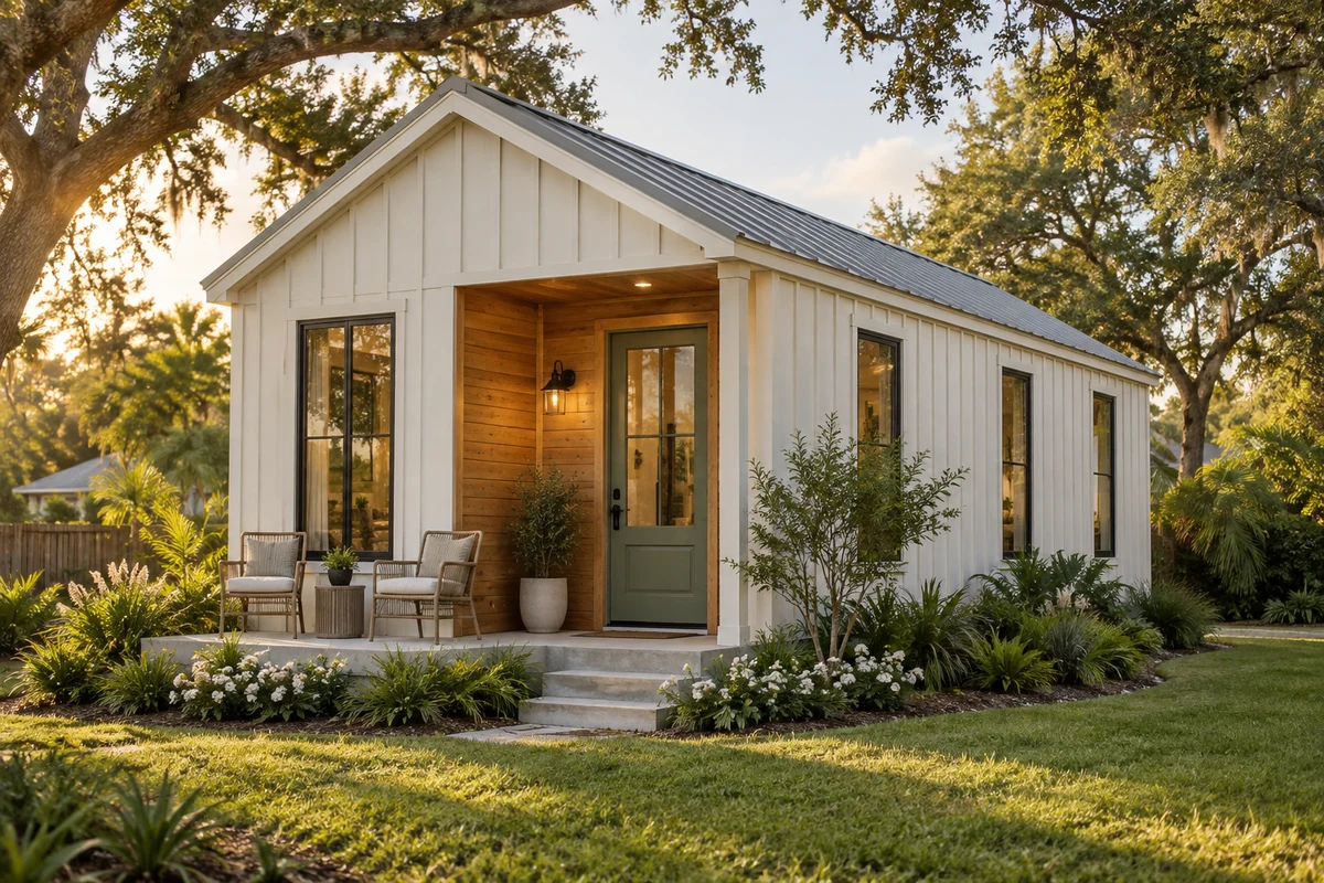 Realistic design concept of a tiny single-story home on a permanent foundation, with cream siding, a sage front door, and a compact front sitting area