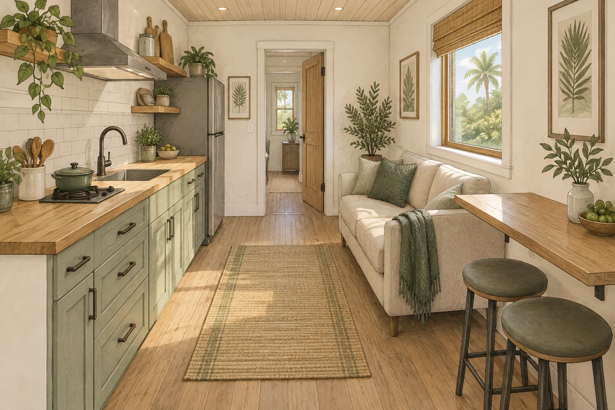 Tiny-home interior sketch with a compact kitchen, two-seat sofa, dining ledge, and an open central walking path
