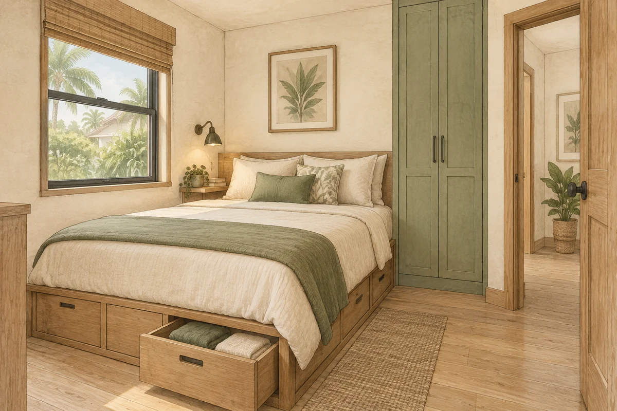 Tiny-home bedroom sketch with a main-level bed, drawers underneath, a built-in wardrobe, and a full-height doorway